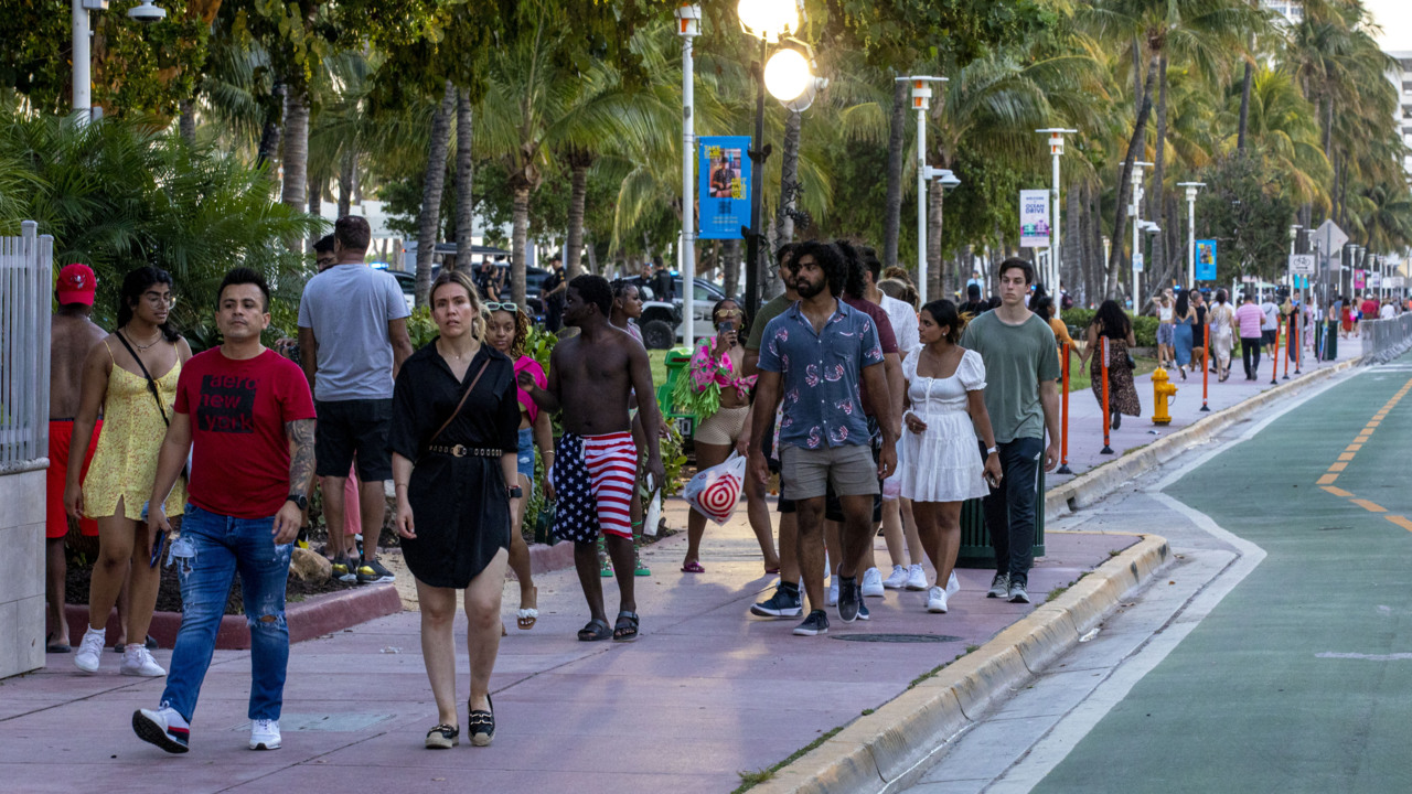 People visit Ocean Drive, Miami Beach during Memorial Day Weekend