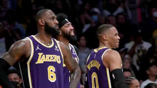 LOS ANGELES, CALIF. - OCT. 29, 2021. Lakers LeBron James, left, Anthony Davis and Russell Westbrook watch.