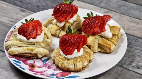 Easy Puff Pastry Apple Dessert with Cream & Strawberries