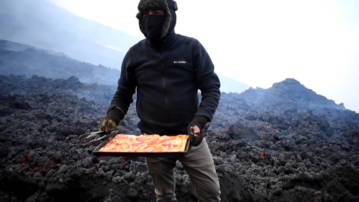 Adventurous man turned a volcano into a pizza oven