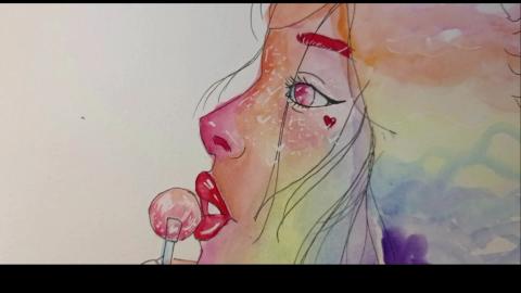 Rainbow Lolipop Girl - Water Color Art