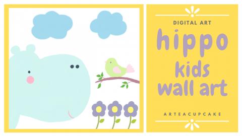 Fun Easy Digital Art Cute Hippo Kids Room Wall Art | Brig...