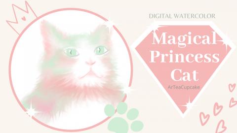 Magical Princess Cat Digital Watercolor Painting Sakura P...