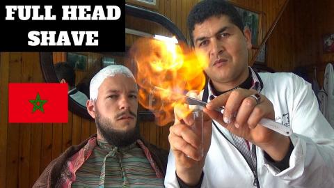 FULL HEAD SHAVE AND BEARD SHAPE UP IN MOROCCAN BARBER SHO...