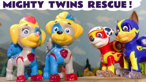 Paw Patrol Mighty Pups with Mighty Twins in a prank rescu...