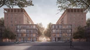 A rendering of a renovated New York City Housing Authority mid-rise masonry tower with new balconies, a rooftop canopy, and infill units.