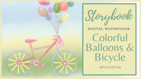 Storybook Colorful Balloons & Bicycle Digital Watercolor ...