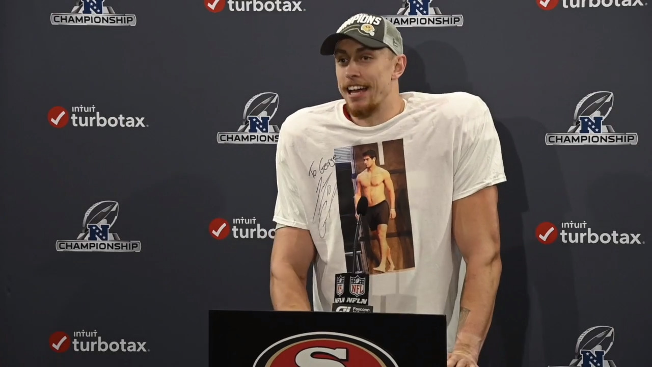 VIDEO: George Kittle Shows up to Postgame Press Conference in Wild Signed  Shirtless Jimmy G T-Shirt