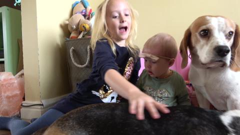 Little Girl Teaches Baby Sister How to Pet Dogs