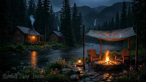 Gentle Rainfall at Riverside Cabin  Fireplace Sounds for ...