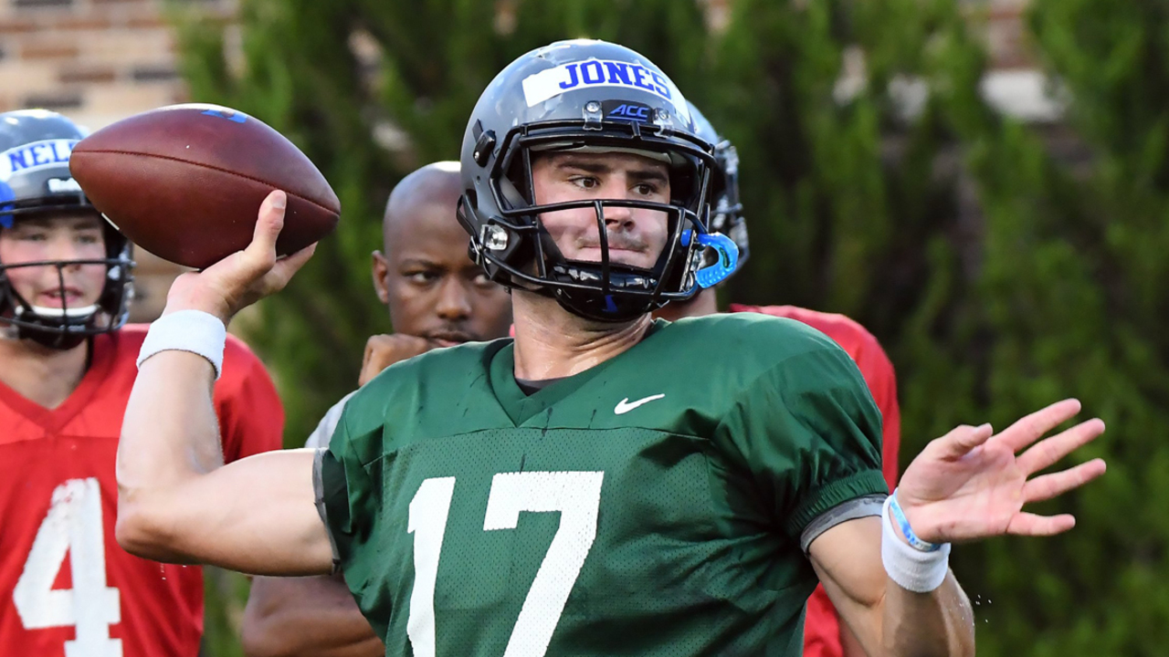 Duke quarterback Daniel Jones (17) is sacked by Georgia Tech