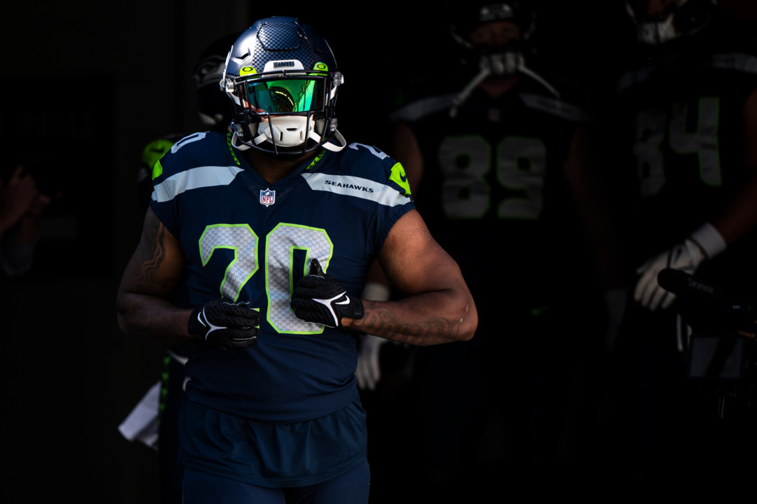 Seattle, United States. 3rd Oct, 2019. Seattle Seahawks running back Chris  Carson (32) catches the winning 5-yard touchdown pass against the Los  Angeles Rams at CenturyLink Field during the fourth quarter in