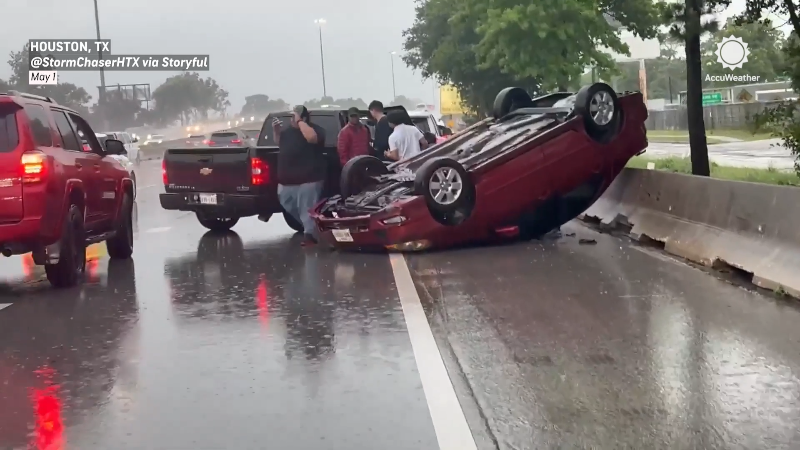Car flips after hydroplaning on Houston interstate | AccuWeather