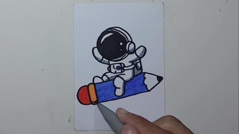 cartoon cute astonaut flying with pencil roket