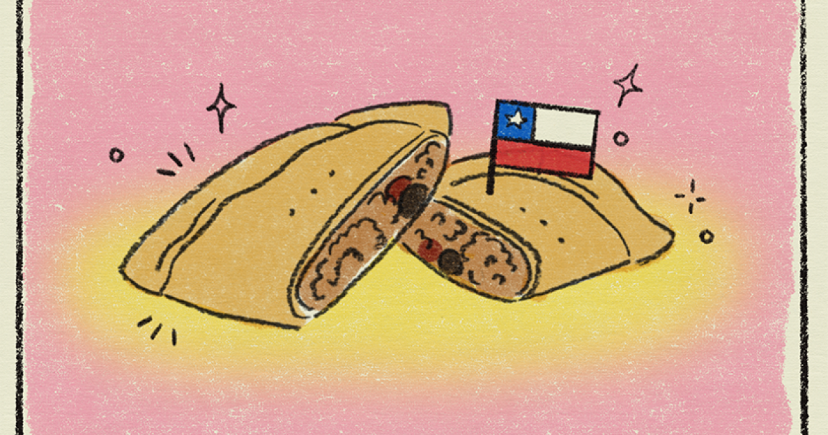 illustration of an empanada sliced in half and a chile flag toothpick