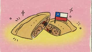 illustration of an empanada sliced in half and a chile flag toothpick