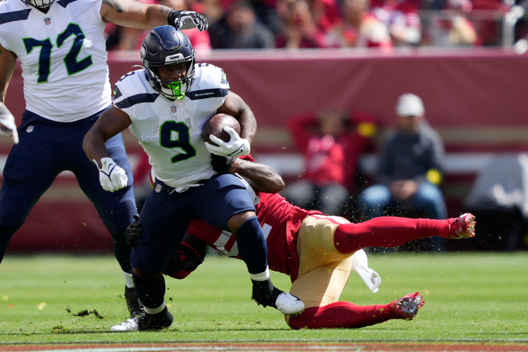 San Francisco 49ers wide receiver Brandon Aiyuk (11) look down the line  before the snap during an NFL football game against the Seattle Seahawks,  Sunday, Sept. 18, 2022, in Santa Clara, Calif. (