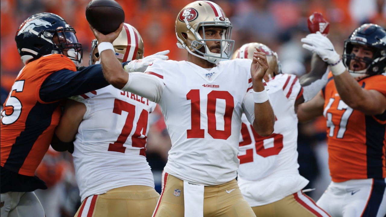 San Francisco 49ers wide receiver Deebo Samuel (19) runs against Denver  Broncos cornerback Ronald Darby (23)