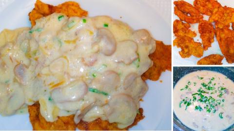 White mshroom sauce over fried chicken breast.