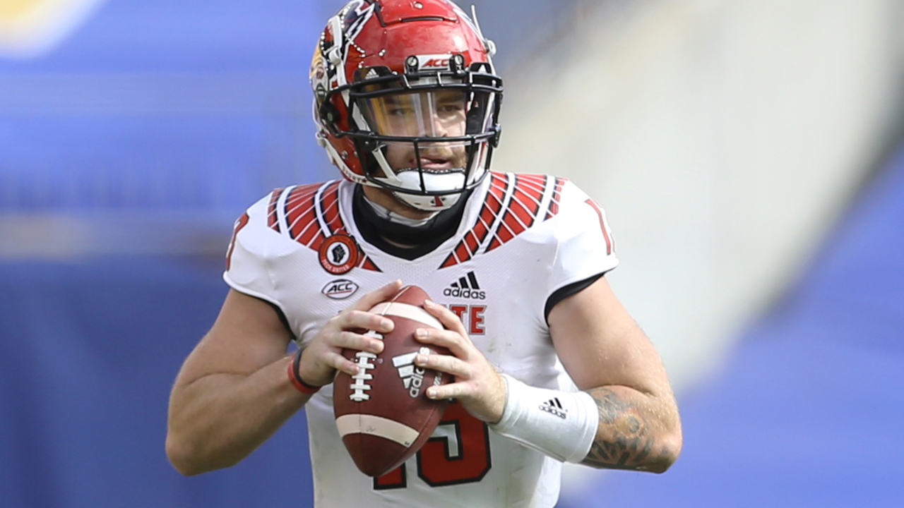 North Carolina State quarterback Devin Leary (13) plays against Pittsburgh  Panthers during an N …