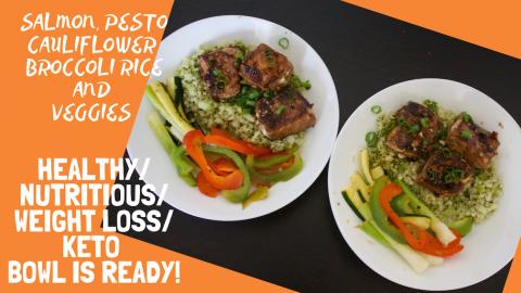 Marinated Salmon Kababs, Pesto Cauliflower Broccoli rice ...