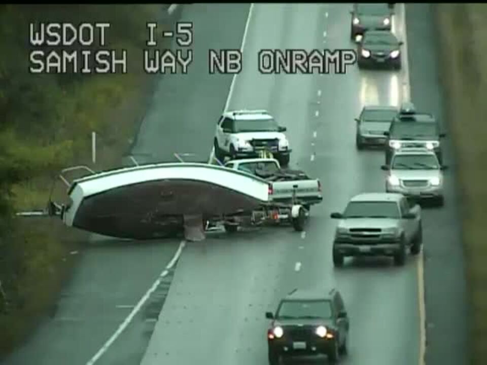 Overturned boat blocks traffic on Interstate 5 in Bellingham