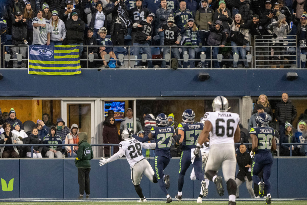 Seattle Seahawks linebacker Jordyn Brooks (56) looks downfield