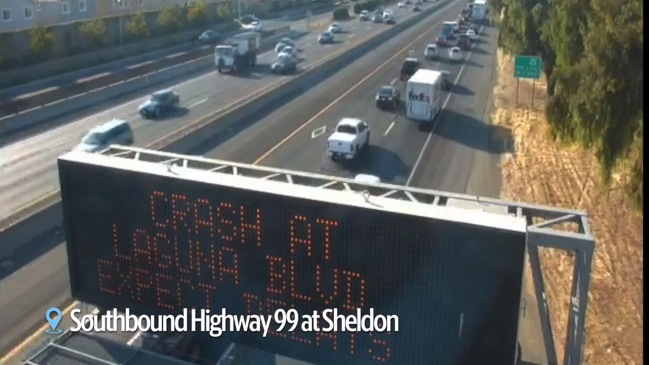 Caltrans camera Highway 99 gravel truck crash See Sacramento