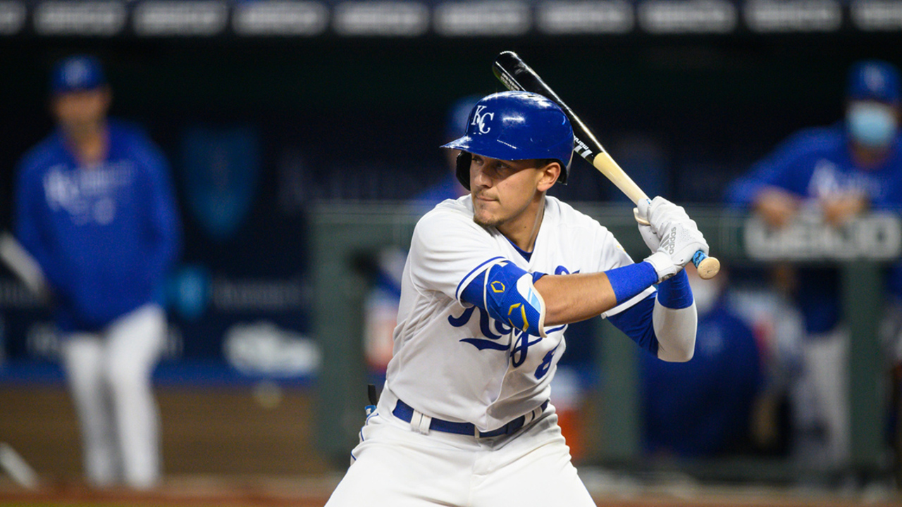 Kansas City Royals second baseman Nicky Lopez (1) fields a ground ball in  front of shortstop Adalberto Mondesi (27) during the third inning of a  baseball game against the Minnesota Twins at