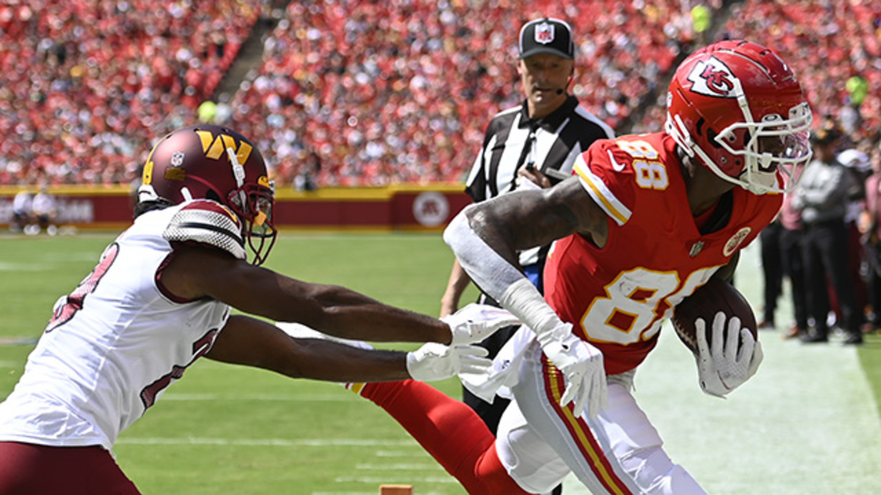 Kansas City Chiefs wide receiver Justin Watson (84) gets set on offense  during an NFL pre-season football game against the Washington Commanders  Saturday, Aug. 20, 2022, in Kansas City, Mo. (AP Photo/Peter