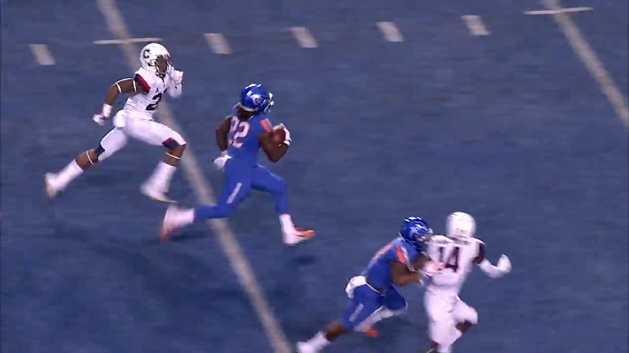 BOISE, ID - OCTOBER 21: Boise State Broncos running back Alexander Mattison  (22) shows some frustration after running out of bounds during the regular  season game between the Wyoming Cowboys verses the