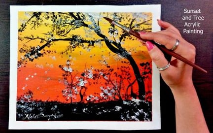Sunset And Tree With Acrylic colors | How To Paint Easy