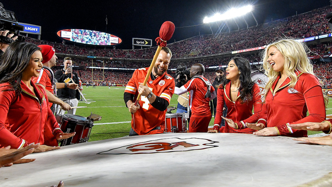 Royals catcher Salvador Perez serves as Chiefs Drum Leader