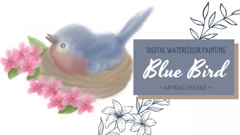Fascinating Blue Bird Digital Watercolor Painting | Autod...