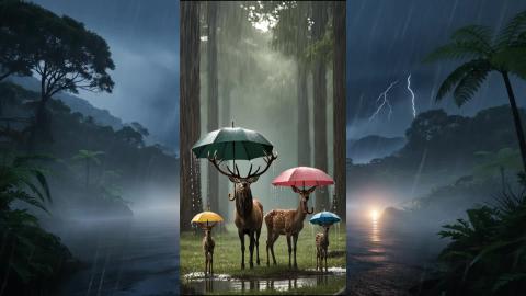 Deer's Family in Heavy Rain 