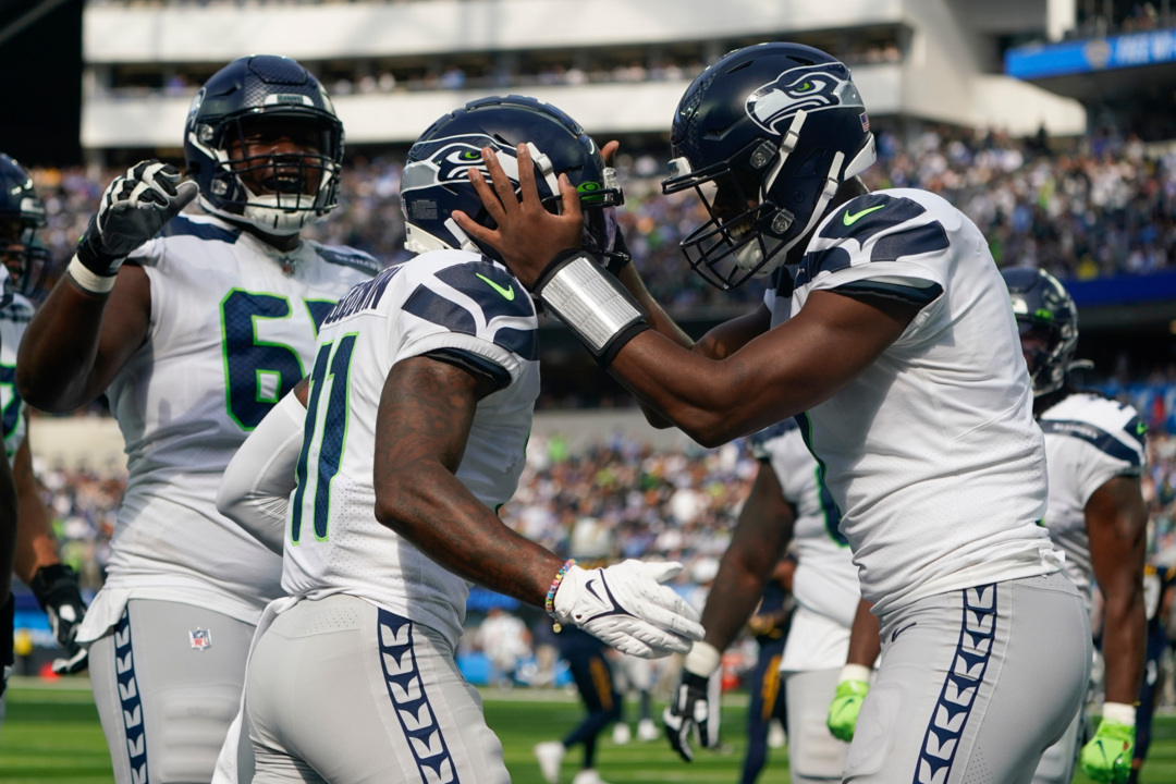 Seattle Seahawks wide receiver Marquise Goodwin (11) celebrates his  touchdown during an NFL football game against the Los Angeles Chargers,  Sunday, Oct. 23, 2022, in Inglewood, Calif. (AP Photo/Kyusung Gong Stock  Photo - Alamy