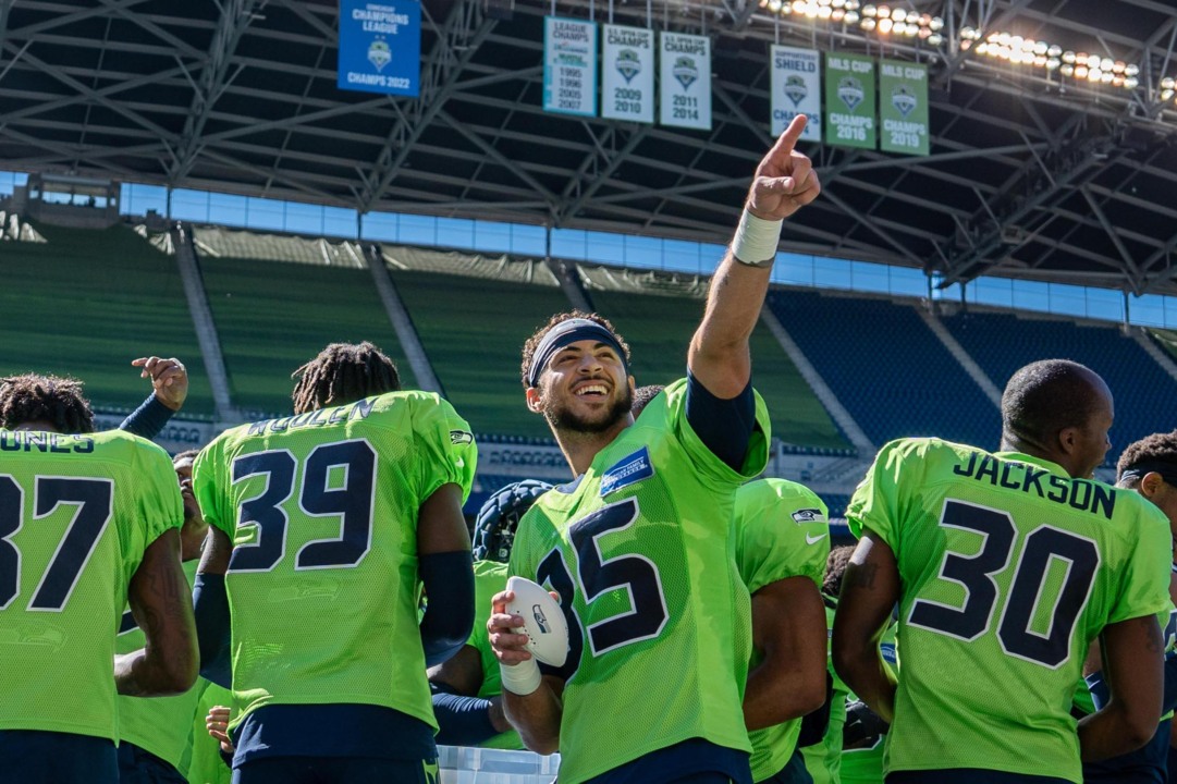 Seattle Seahawks safety Joey Blount (35) celebrates during an NFL football  game against the New York