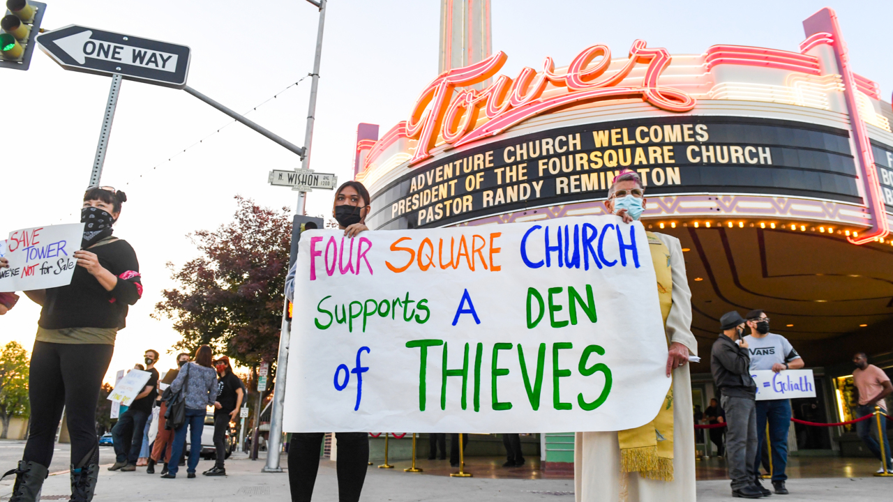 Protestors gather outside Fresno's Tower Theatre Fresno Bee
