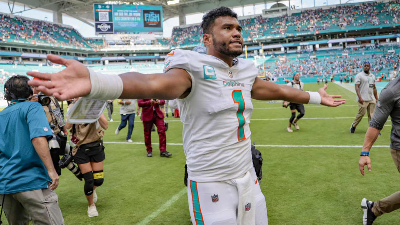 Miami Dolphins wide receiver Trent Sherfield (14) celebrates with Miami  Dolphins running back Chase Edmonds (2) after Edmonds scored a touchdown  during the first half of a NFL game between the Cincinnati