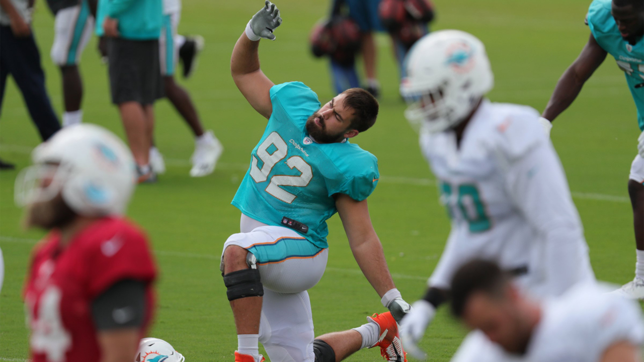 Miami Dolphins defensive tackle Zach Sieler (92) walks on the