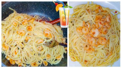 Easy Spicy Garlic Shrimp Spaghetti.