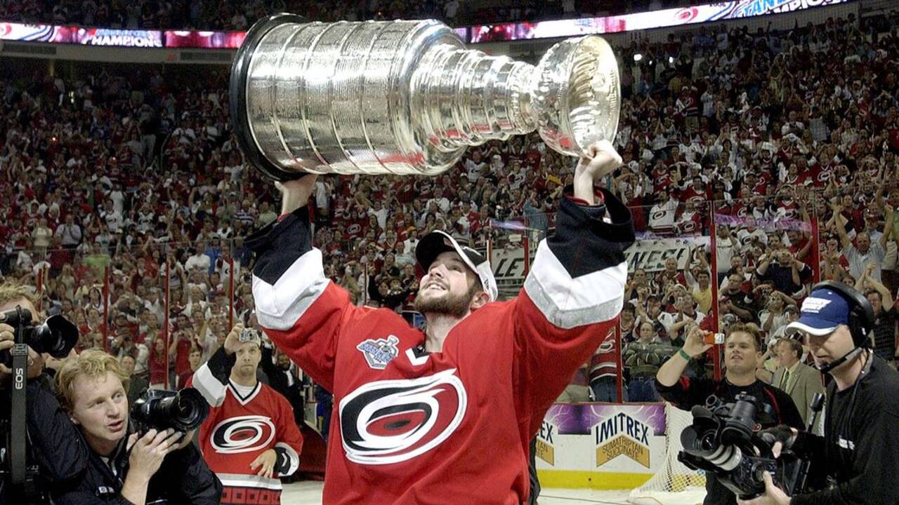 Carolina Hurricanes' Eric Staal, left, and Cory Stillman skate off the ice  following a goal by the Buffalo Sabres, Tuesday, April 18, 2006, at the RBC  Center in Raleigh, N.C. Sabres won