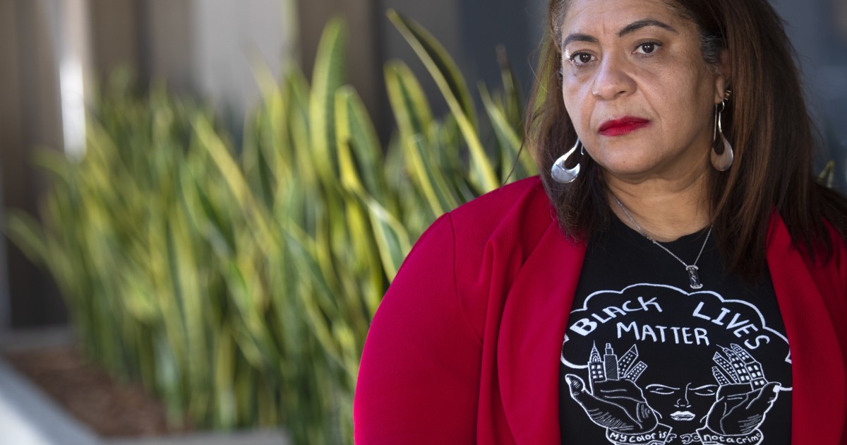 LOS ANGELES, CA - AUGUST 26: Portrait of the United Teachers Los Angeles Presidentat Cecily Myart-Cruz on Wednesday, Aug. 26, 2020 in Los Angeles, CA. She is wearong a wearing a Black Lives Matter ...