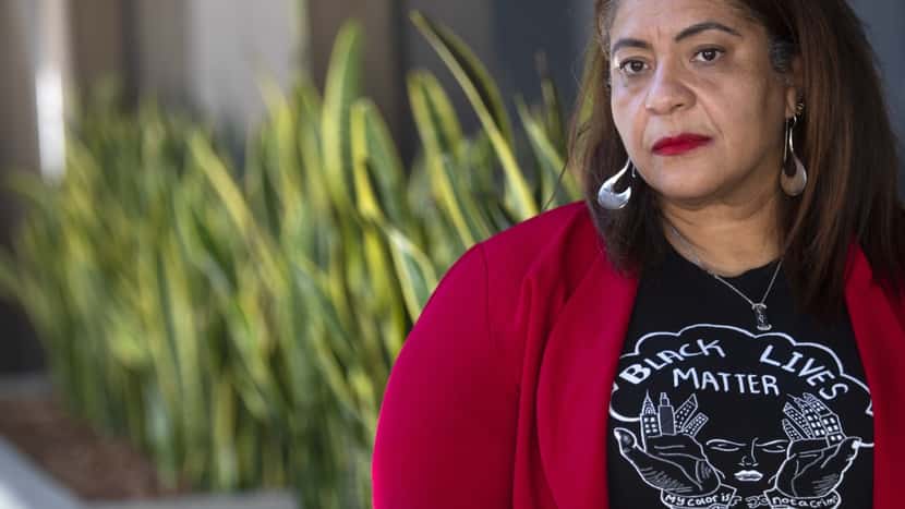 LOS ANGELES, CA - AUGUST 26: Portrait of the United Teachers Los Angeles Presidentat Cecily Myart-Cruz on Wednesday, Aug. 26, 2020 in Los Angeles, CA. She is wearong a wearing a Black Lives Matter ...