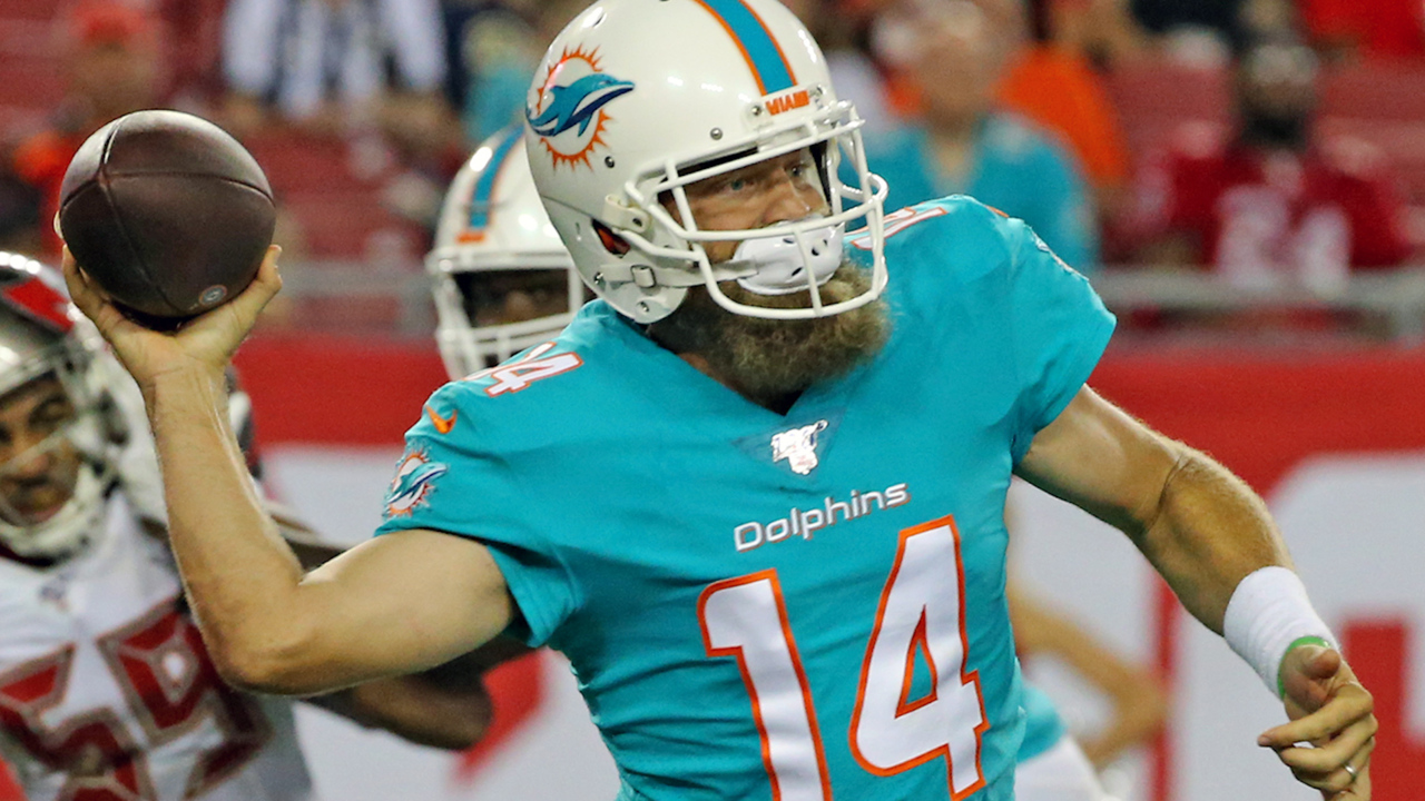 August 29, 2019: Miami Dolphins quarterback Jake Rudock (5) attempts a pass  during a preseason game between the New Orleans Saints and the Miami  Dolphins at the Mercedes Benz Superdome in New