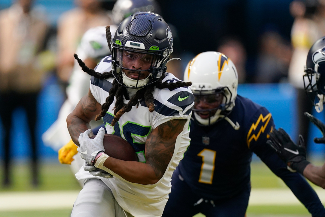 Los Angeles Chargers tight end Gerald Everett (7) catches a pass during the  first half of an NFL football game against the Seattle Seahawks Sunday,  Oct. 23, 2022, in Inglewood, Calif. (AP