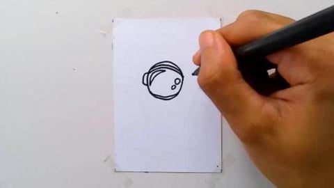 Drawing of cartoon astronaut sitting cloud planet balloon...