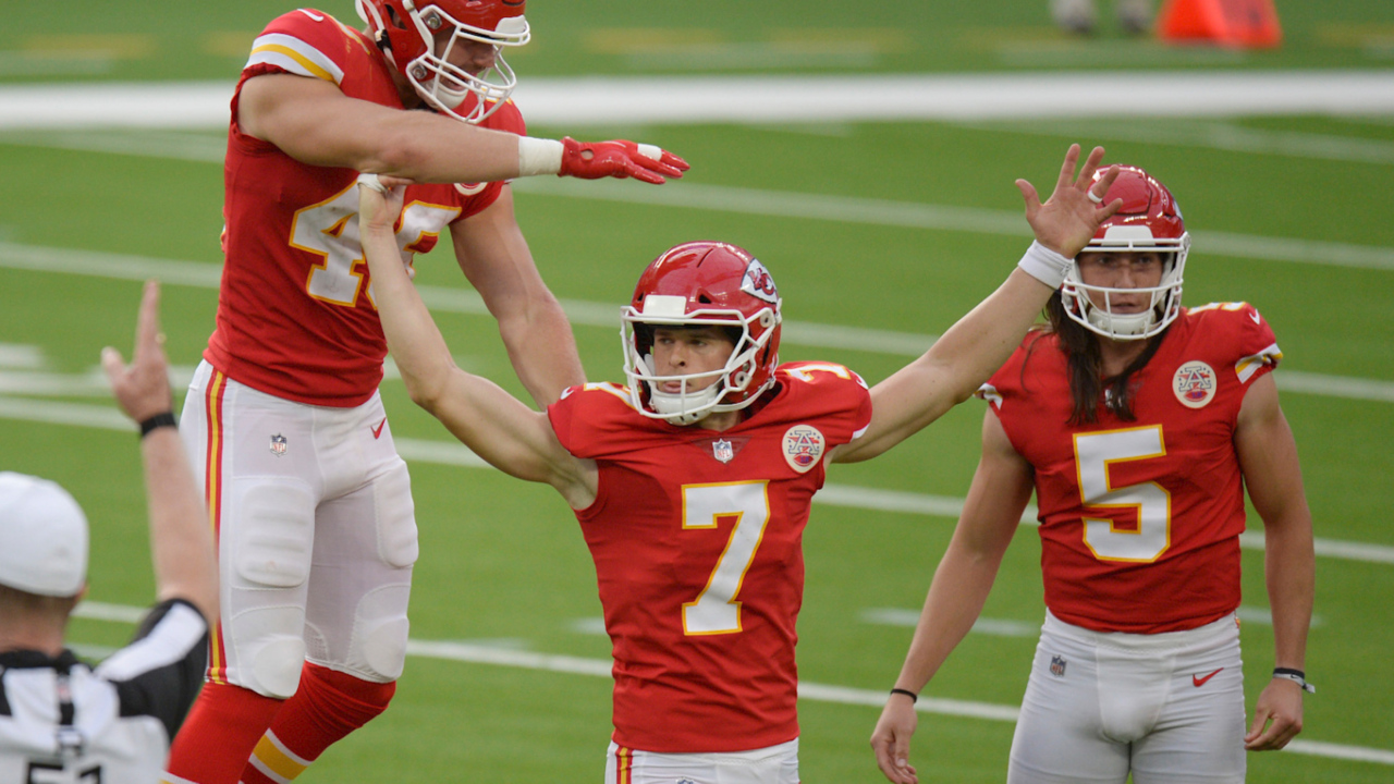 Kansas City Chiefs place kicker Harrison Butker kicks the winning field  goal with eight seconds left in the game giving the Chiefs a 38-35 victory  in