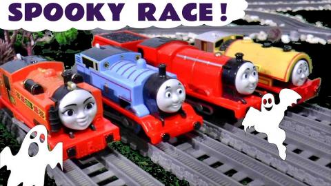 Thomas and Friends Toy Trains race with Spooky Funny Funl...
