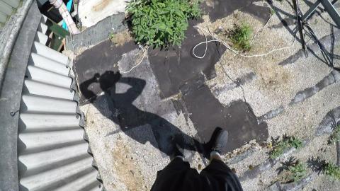 POV ABANDONED BUILDING ROOF CLIMB